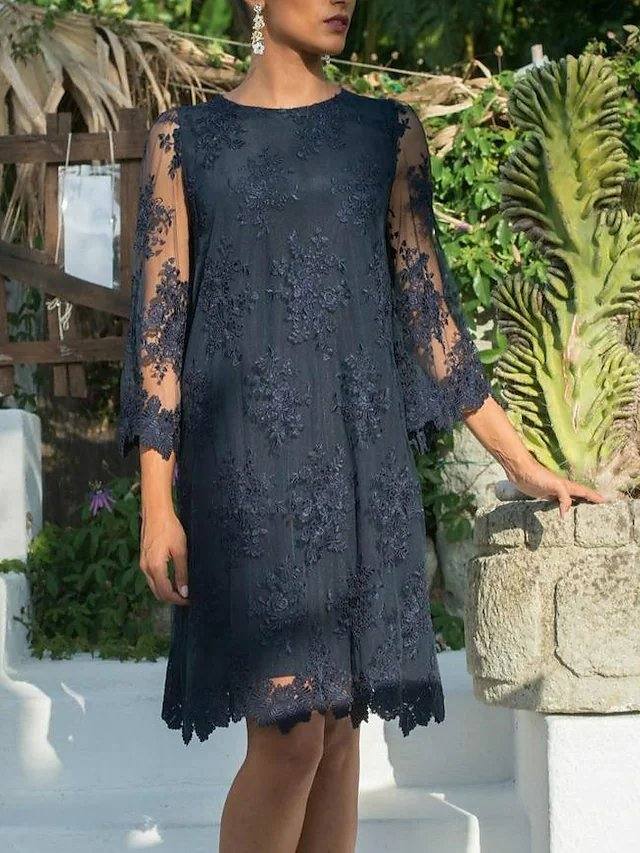 Sheath / Column Mother of the Bride Dress Elegant Jewel Neck Short / Mini Lace Tulle 3/4 Length Sleeve with Appliques - RongMoon