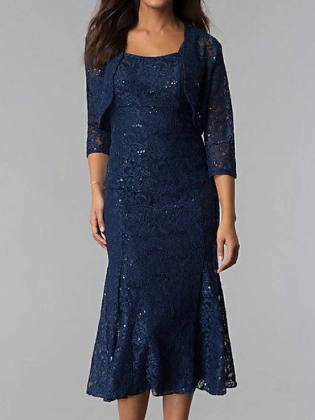 Mermaid / Trumpet Mother of the Bride Dress Plus Size Sexy Square Neck Tea Length Lace 3/4 Length Sleeve with Crystals - RongMoon