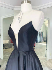 Black v neck satin long prom dress, black evening dress - RongMoon