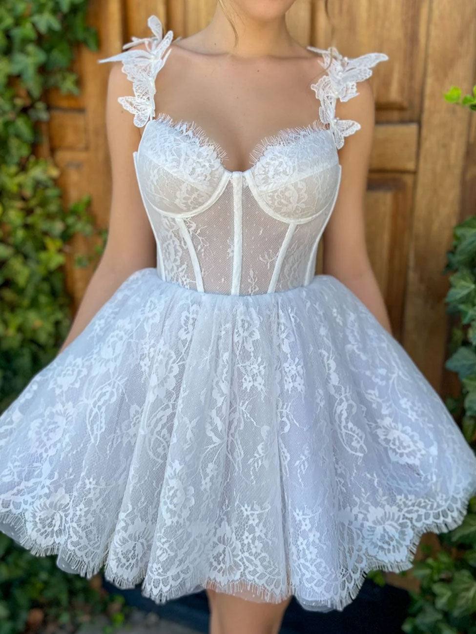White Lace Mini/Short Prom Dresses, White Lace Homecoming Dresses - RongMoon