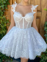 White Lace Mini/Short Prom Dresses, White Lace Homecoming Dresses - RongMoon