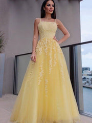 A-Line/Princess Spaghetti Straps Applique Sleeveless Tulle Floor-Length Dresses - RongMoon