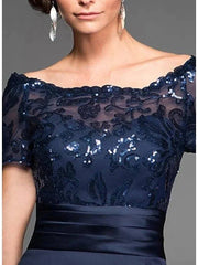 Sheath / Column Mother of the Bride Dress Elegant Off Shoulder Knee Length Chiffon Lace Tulle Short Sleeve with Lace Sequin - RongMoon