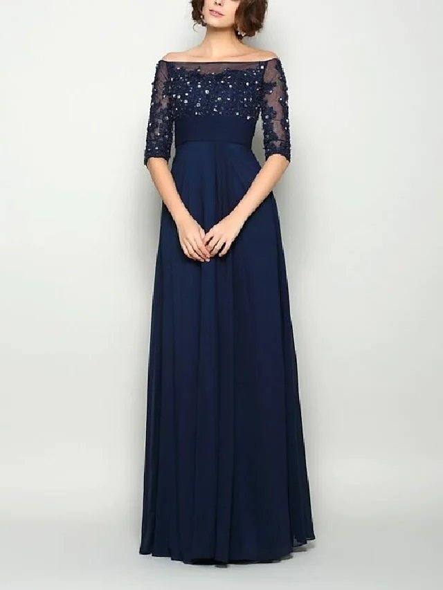 A-Line Mother of the Bride Dress Elegant & Luxurious Off Shoulder Floor Length Chiffon Lace Half Sleeve with Sash / Ribbon Pleats Crystals - RongMoon
