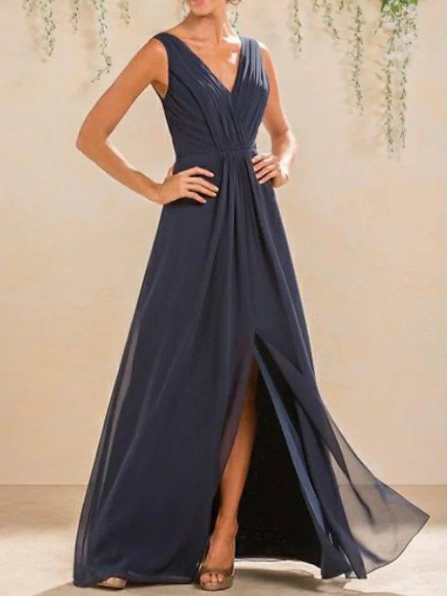 A-Line V Neck Floor Length Chiffon Bridesmaid Dress with Pleats / Split Front / Open Back - RongMoon