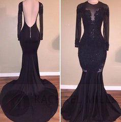 Black Robe De Soiree Mermaid Long Sleeves Lace Beaded Backless Sexy Long Prom Dresses Prom Gown Evening Dresses - RongMoon