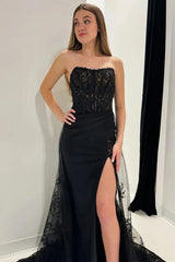 Strapless Black Lace Long Prom Dress with Train