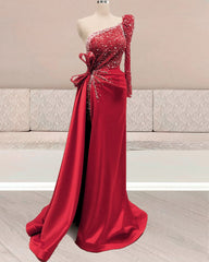 Mermaid Sequins Beaded One Sleeve Split Satin Dress