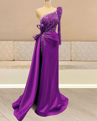 Mermaid Sequins Beaded One Sleeve Split Satin Dress