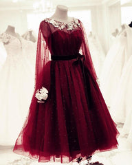 Tulle Tea Length Evening Dress Long Sleeves Embroidery Beaded - RongMoon
