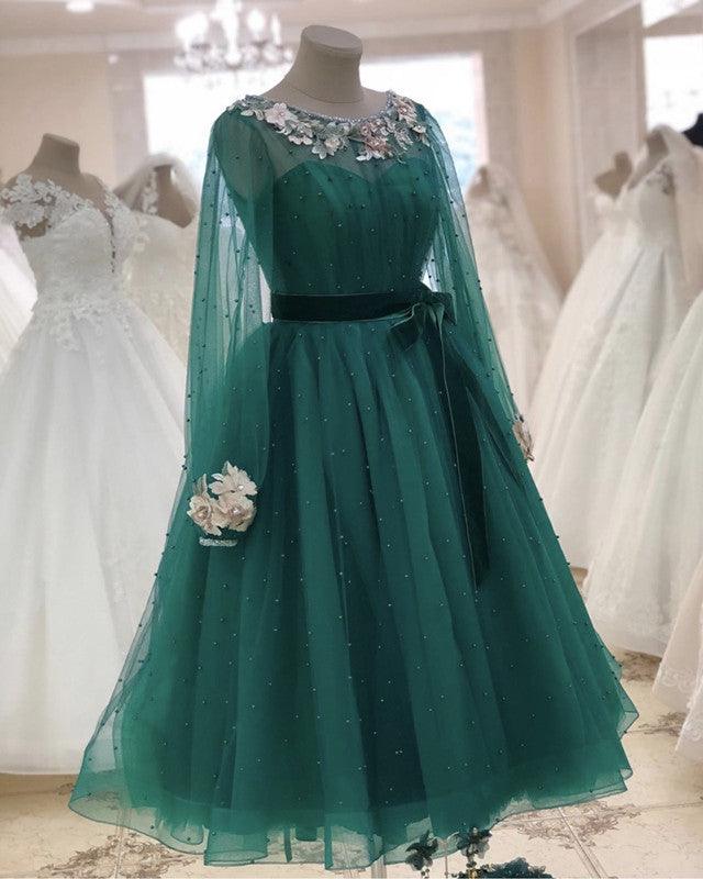 Tulle Tea Length Evening Dress Long Sleeves Embroidery Beaded - RongMoon