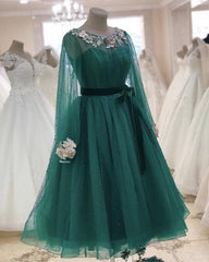 Tulle Tea Length Evening Dress Long Sleeves Embroidery Beaded - RongMoon