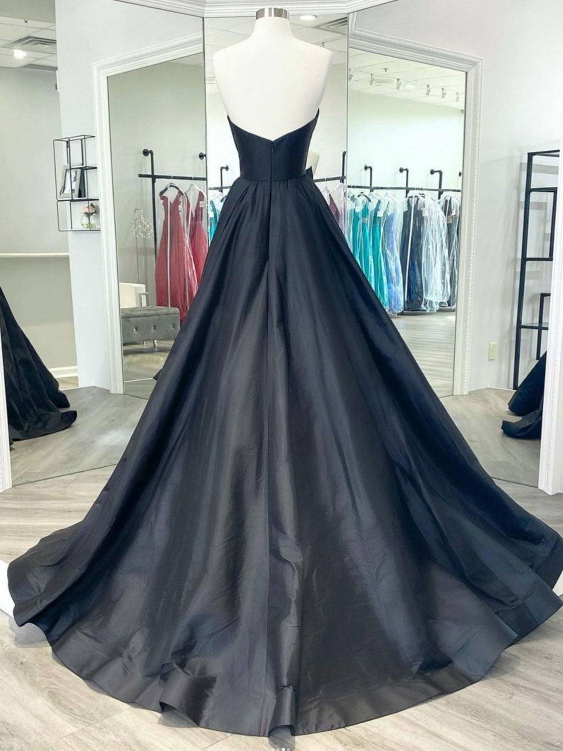 Black v neck satin long prom dress, black evening dress - RongMoon