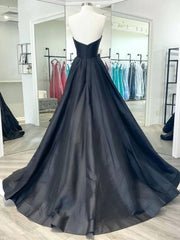 Black v neck satin long prom dress, black evening dress - RongMoon