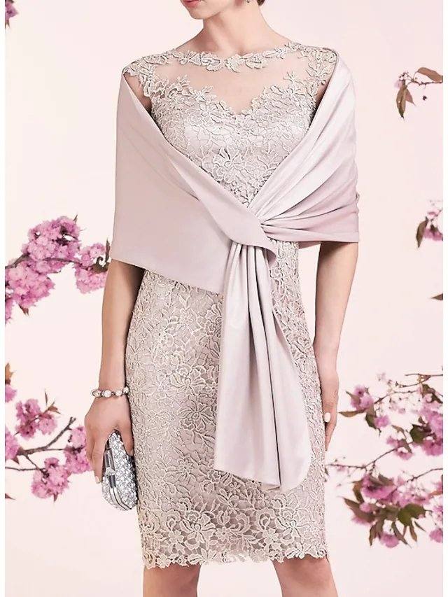 Sheath / Column Mother of the Bride Dress Elegant Illusion Neck Jewel Neck Knee Length Lace Satin Sleeveless with Embroidery - RongMoon