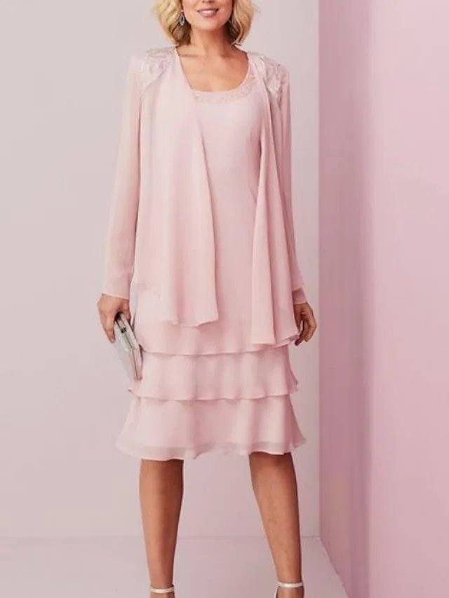 Two Piece Sheath / Column Mother of the Bride Dress Elegant Scoop Neck Knee Length Chiffon Lace Long Sleeve with Cascading Ruffles - RongMoon