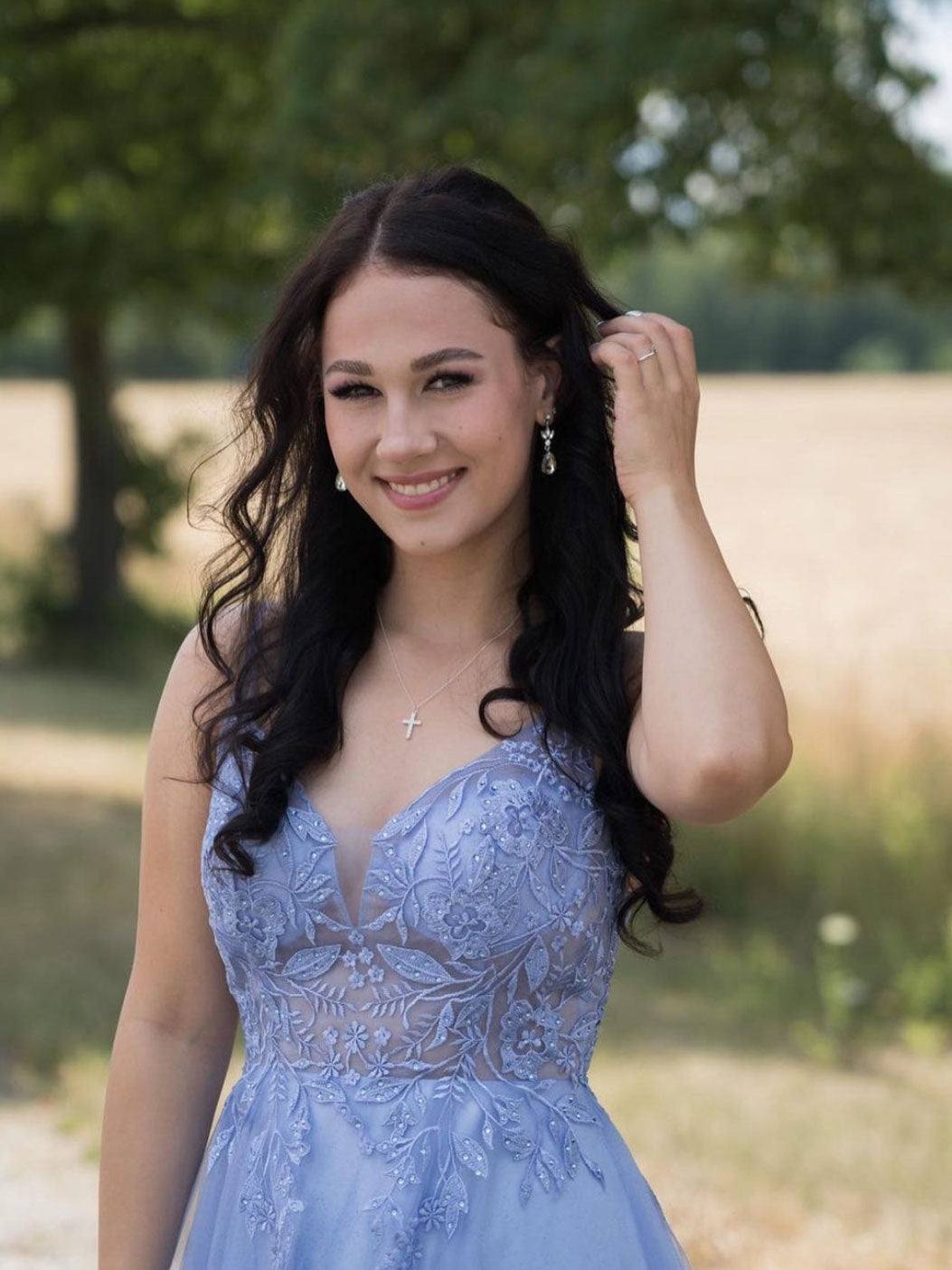 Blue v neck tulle lace long prom dress blue tulle lace evening dress - RongMoon