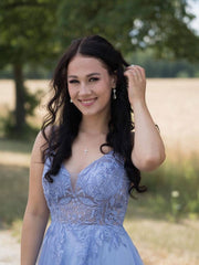 Blue v neck tulle lace long prom dress blue tulle lace evening dress - RongMoon