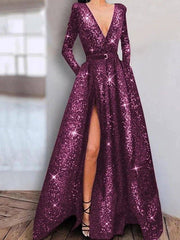 A-Line Sparkle Elegant Engagement Prom Dress V Neck Long Sleeve Floor Length Stretch Satin Sequined with Sequin Split - RongMoon
