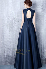 A-Line Sleeveless Beading Long Formal Prom Dresses