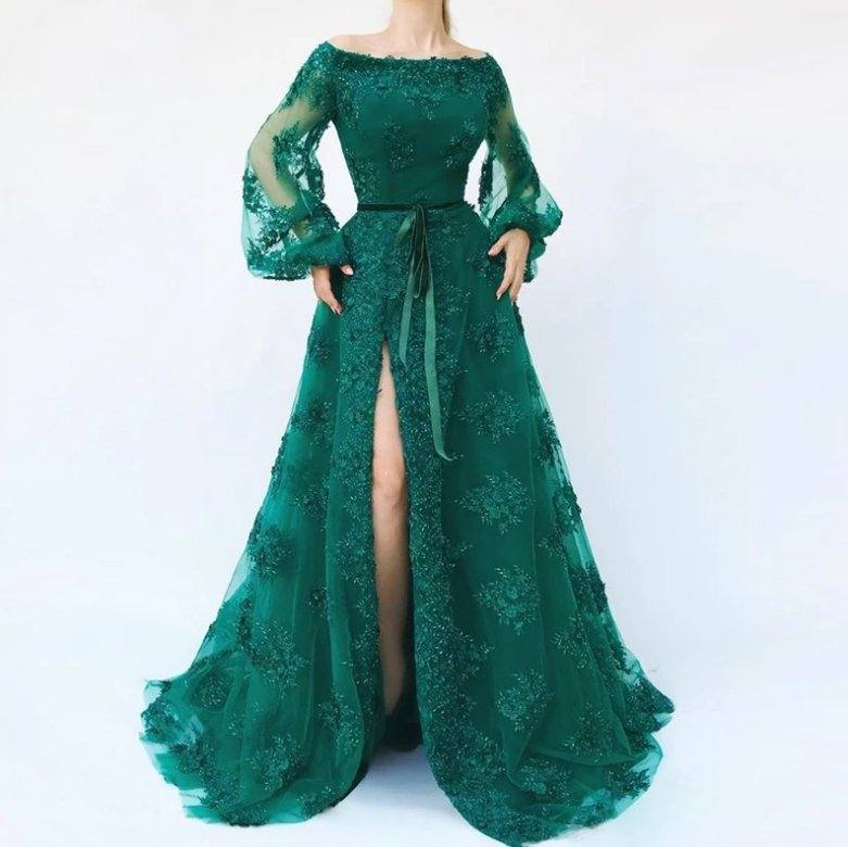 Green Muslim Evening Dresses A-line Long Sleeves Lace Beaded Slit Islamic Dubai Saudi Arabic Long Formal Evening Gown - RongMoon