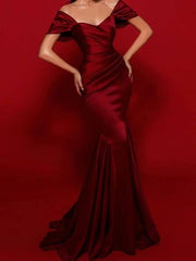 Mermaid / Trumpet Elegant Vintage Engagement Formal Evening Valentine's Day Dress Scoop Neck Short Sleeve Sweep / Brush Train Imitation Silk with Sleek - RongMoon