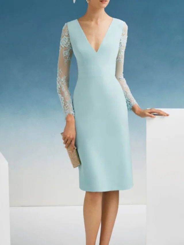 Sheath / Column Mother of the Bride Dress Elegant V Neck Knee Length Satin Long Sleeve with Embroidery - RongMoon