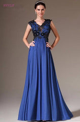 Blue Evening Dresses A-line V-neck Chiffon Appliques Crystals Long Formal Party Evening Gown Prom Dresses Robe De Soiree - RongMoon
