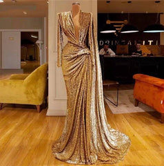 Gold Evening Dresses A-line V-neck Long Sleeves Sequins Long Turkey Dubai Saudi Arabic Evening Gown Prom Dresses - RongMoon
