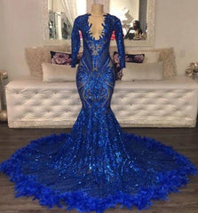 Royal Blue Robe De Soiree Mermaid V-neck Long Sleeves Appliques Feather Long Prom Dresses Prom Gown Evening Dresses - RongMoon