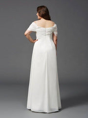 A-Line/Princess Off-the-Shoulder Ruched Short Sleeves Long Chiffon Plus Size Dresses - RongMoon