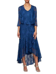 A-Line Mother of the Bride Dress Sexy V Neck Asymmetrical Lace 3/4 Length Sleeve with Pleats - RongMoon