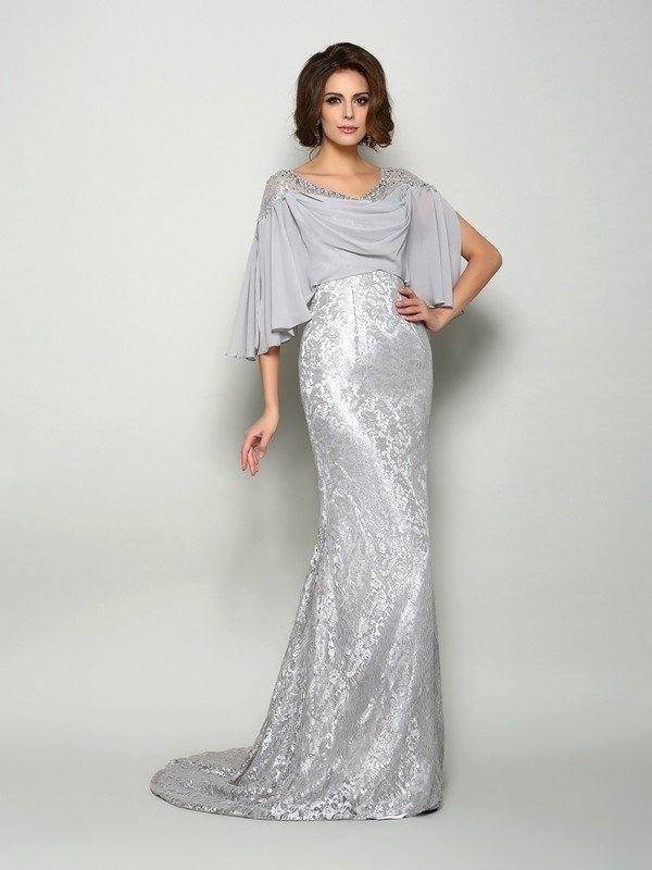 Trumpet/Mermaid Scoop Lace 1/2 Sleeves Long Chiffon Mother of the Bride Dresses - RongMoon