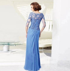 Sky Blue Mother Of The Bride Dresses A-line Half Sleeves Chiffon Appliques Beaded Long Groom Mother Dresses Wedding - RongMoon