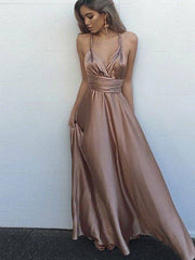 A-Line/Princess Sleeveless Spaghetti Straps Silk like Satin Floor-Length Sash/Ribbon/Belt Dresses - RongMoon
