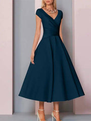 A-Line Mother of the Bride Dress Elegant V Neck Tea Length Charmeuse Sleeveless with Ruching - RongMoon