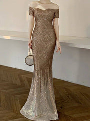 Mermaid / Trumpet Color Block Sparkle Wedding Guest Formal Evening Dress Off Shoulder Short Sleeve Floor Length Sequined with Sequin - RongMoon