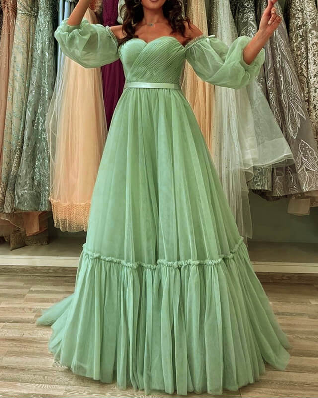 Flowy Tulle Sage Green Cottagecore Dress With Sleeves