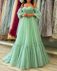 Flowy Tulle Sage Green Cottagecore Dress With Sleeves