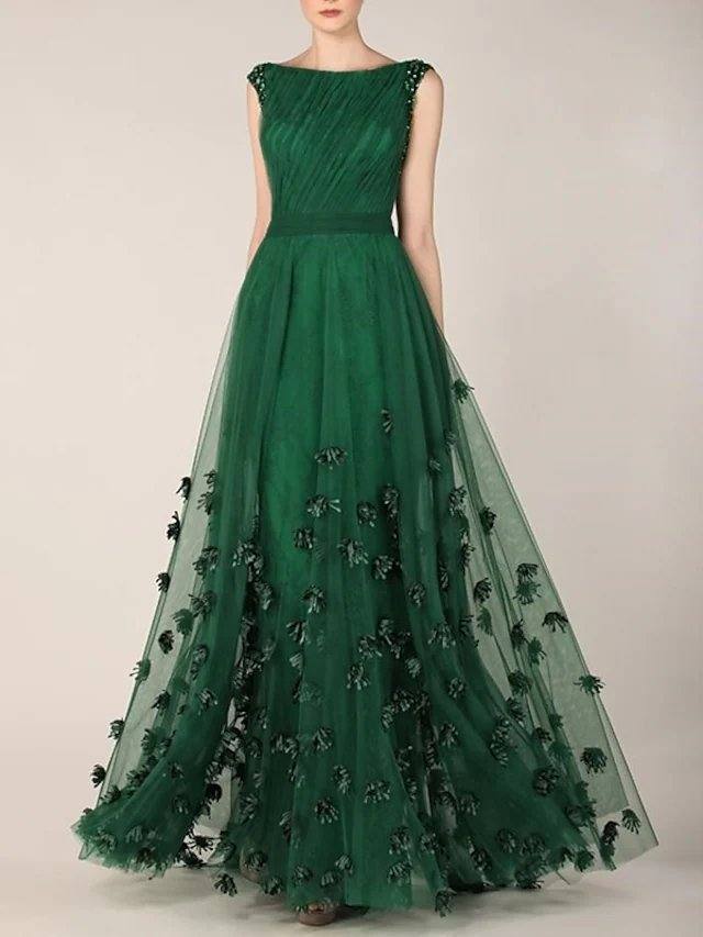 A-Line Elegant Floral Prom Formal Evening Dress Jewel Neck Sleeveless Floor Length Tulle with Beading Appliques - RongMoon