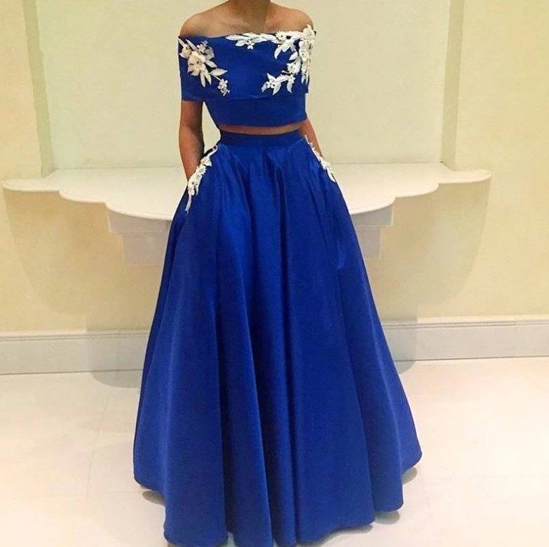 Royal Blue Robe De Soiree A-line Appliques Two Pieces Sexy Long Prom Dresses Prom Gown Evening Dresses - RongMoon