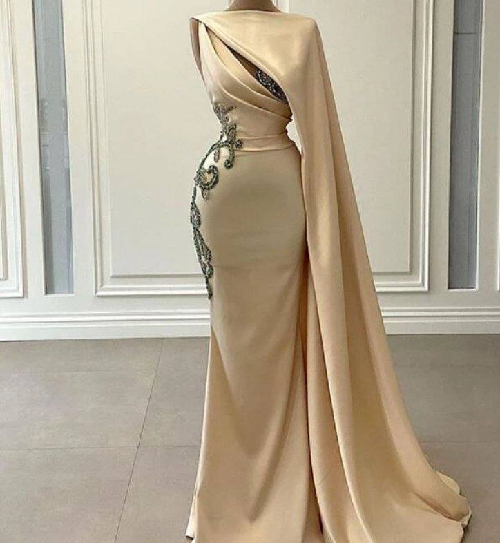 Champagne Robe De Soiree Sheath Floor Length Satin Beaded Long Prom Dresses Prom Gown Evening Dresses - RongMoon