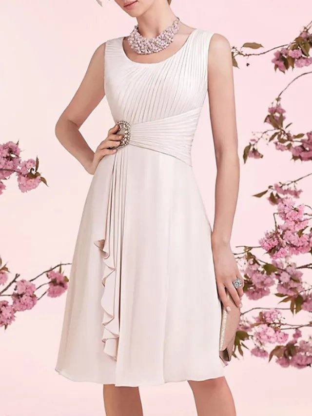 A-Line Mother of the Bride Dress Elegant Jewel Neck Knee Length Chiffon Sleeveless with Sash / Ribbon Pleats - RongMoon