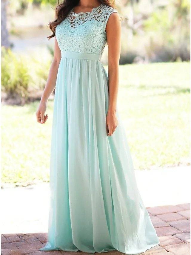 A-Line Jewel Neck Floor Length Chiffon / Lace Bridesmaid Dress with Lace / Pleats - RongMoon