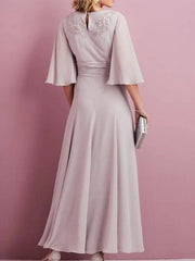 A-Line Mother of the Bride Dress Elegant Jewel Neck Ankle Length Chiffon Lace Half Sleeve with Pleats Embroidery - RongMoon