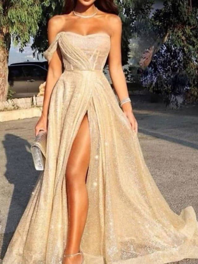 A-Line Sparkle Sexy Engagement Prom Dress Strapless Sleeveless Sweep / Brush Train Sequined with Pleats Split - RongMoon