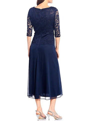 A-Line Mother of the Bride Dress Elegant Sexy Jewel Neck Ankle Length Chiffon Lace Half Sleeve with Sash / Ribbon Crystals - RongMoon