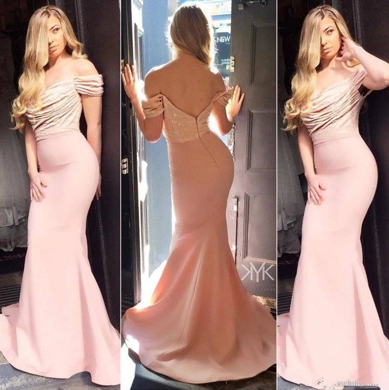 Blush Pink Bridesmaid Dresses For Women Mermaid Off The Shoulder Sequins Long Cheap Under 50 Wedding Party Dresses - RongMoon