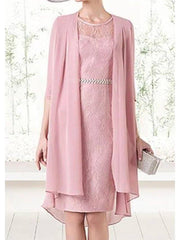 Two Piece Sheath / Column Mother of the Bride Dress Elegant Illusion Neck Jewel Neck Knee Length Chiffon Lace Satin 3/4 Length Sleeve with Lace Sash / Ribbon - RongMoon