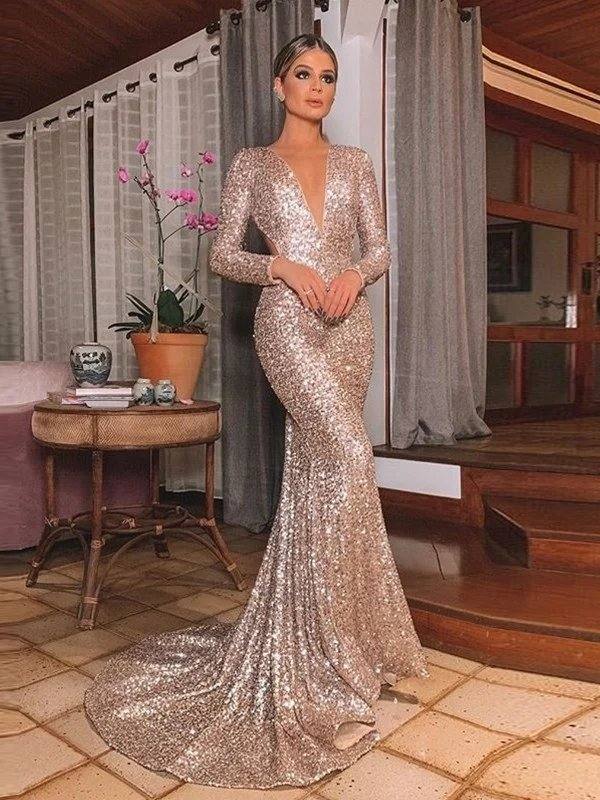Trumpet/Mermaid Sequins Long Sleeves V-neck Sweep/Brush Train Ruffles Dresses - RongMoon